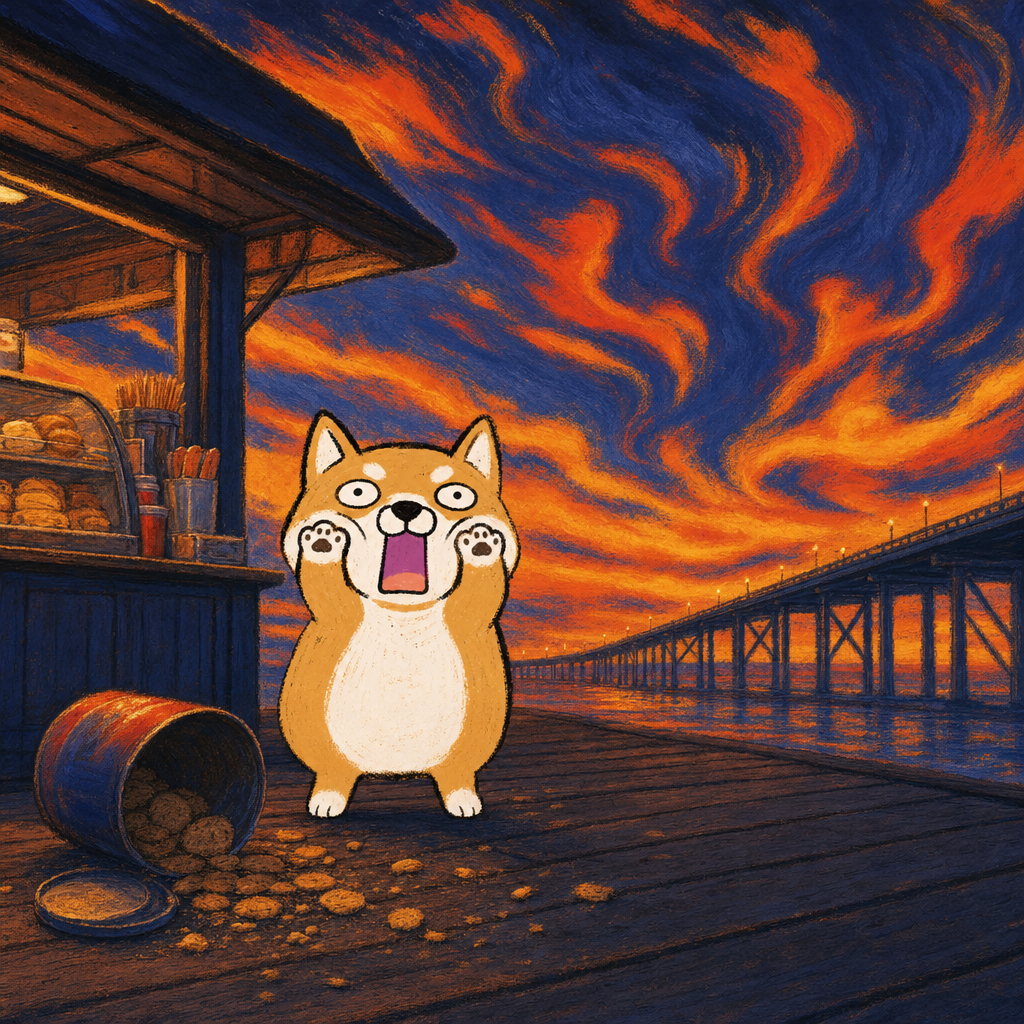 Shiba Munch on a boardwalk at sunset beside a snack kiosk and a tipped-over biscuit tin